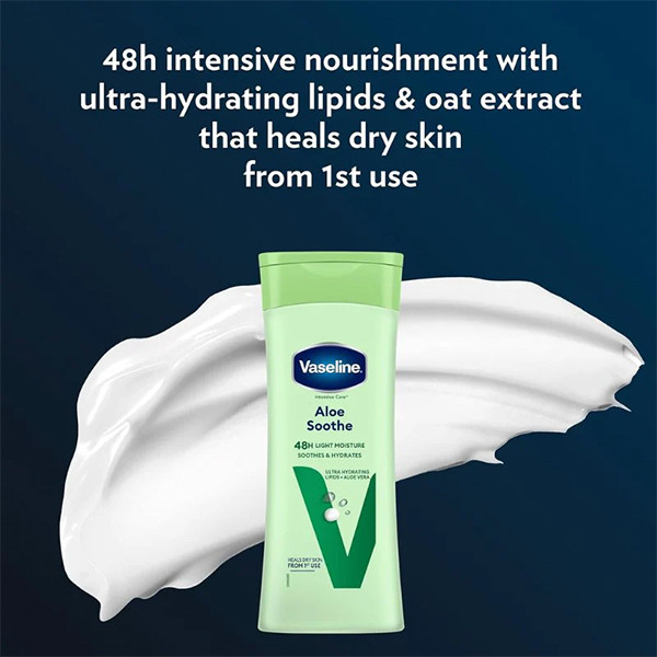 لوسیون بدن وازلین مدل Aloe Soothe مناسب برای پوست خشک (بدون آب) 200 میلی لیتر